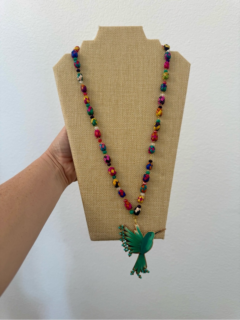 Colorful Beaded palma Necklace with teal hand painted Bird copper Pendant